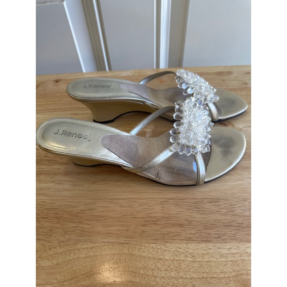 J. Renee Women's Gold & Clear Beaded Slide Wedge Sandals Size 10M Sku 2982